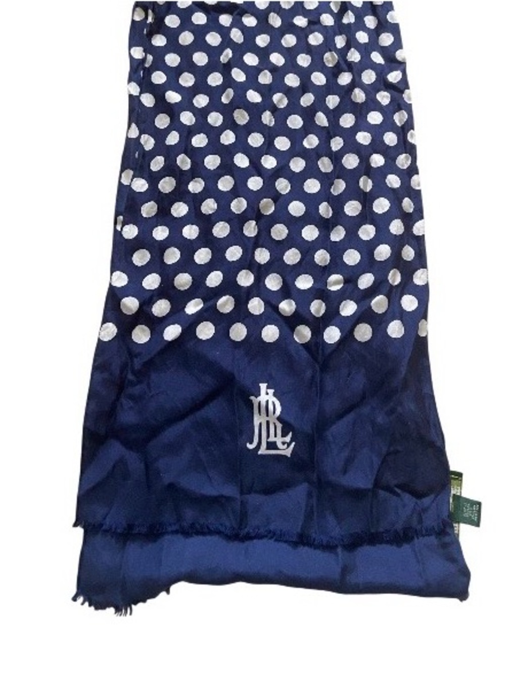 Ralph Lauren Navy Polka Dot 100% Silk Scarf with Logo Detail LRL